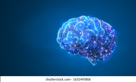 Human Brain. Organ anatomy, neurology, healthy body concept. Polygonal image on blue neon background. Low poly, wireframe digital 3d vector illustration. Abstract art