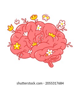 Human brain organ with flowers. Vector hand drawn doodle line style cartoon character logo illustration. Isolated onw hite background. Human brain organ,healthy mind,flowers,psychotherapy logo concept