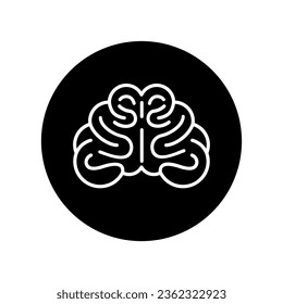 Human brain organ icon vector illustration, front view, line art style, black round icon