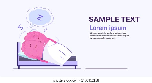 human brain organ sleeping in bed having rest dreaming napping relaxing concept kawaii style pink cartoon character horizontal copy space