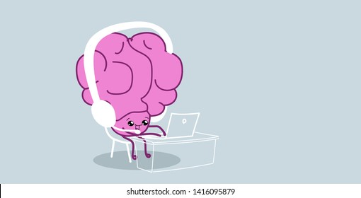 human brain organ using laptop listening music with headphones relax freelance concept kawaii style pink cartoon character horizontal sketch hand drawn