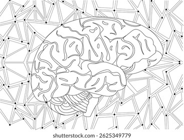 Human Brain Outline on Abstract Network Background, Detailed outline illustration of a human brain in profile view, set against an abstract geometric network background with connecting lines and
