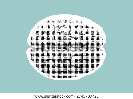 Human brain. A paper cutout collage element for scrapbooking or posters. Vector monochrome sticker in a surreal raster style with a dotted photocopy texture.