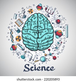 Human Brain And Physics And Chemistry Icons In Science Concept Sketch Vector Illustration