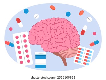 Human brain with pills. Mental health treatment, healthcare and medication vector illustration.