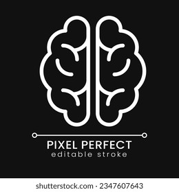 Human brain pixel perfect white linear icon for dark theme. Central nervous system. Complex body part. Thin line illustration. Isolated symbol for night mode. Editable stroke. Poppins font used