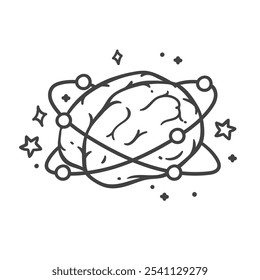Human brain with planets on orbit and stars line icon. Outline hand drawn sketch of brainstorming, space research. Imagination, science mascot, brain of scientist in cosmos icon vector illustration