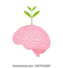 Human Brain with Plant. Self Improvement or Growth Mindset  Concept. Vector Illustration. 