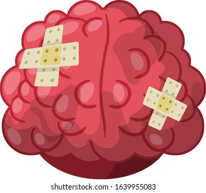 Human brain. Problems with mind and memory. Bruises and medical patch. Treatment of organ. Beating and trauma. Funny Cartoon flat illustration
