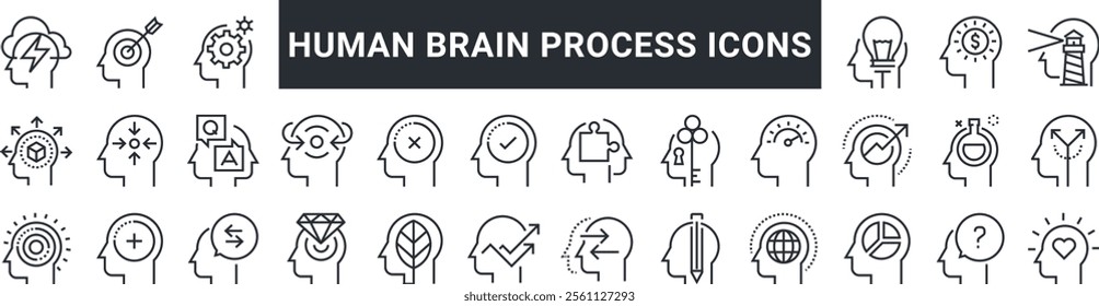 Human Brain Process Icons Set, Line Style, White Background Vector Illustration