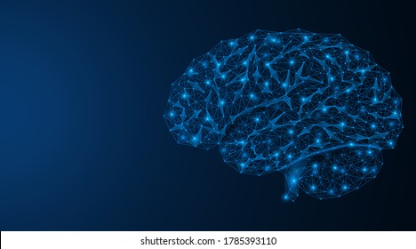 Human brain. The process of intelligence activity. A low-poly design consisting of connected lines and points. Blue background.