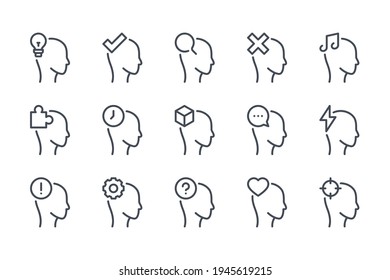 Human brain and brain process line icon set. Head and psychology linear icons. Mind, idea and head work outline vector sign collection.