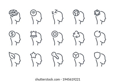 Human brain and brain process line icon set. Head and psychology linear icons. Mind, idea and head work outline vector sign collection.