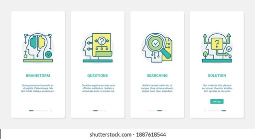 Human Brain In Process Of Searching, Asking Questions Vector Illustration. UX, UI Onboarding Mobile App Page Screen Set With Line Brainstorm Solution Symbols, Mental Work And Search On Problem Solving