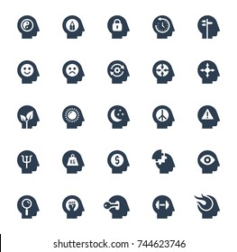 Human brain processes, people thinking, emotions, mental health, creative business and development ideas glyph style icon set