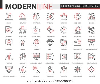 Human brain productivity, concentration classic red black outline line icons vector illustration
