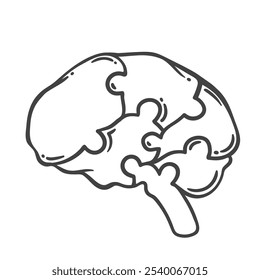 O cérebro humano do ícone de linha das peças do quebra- cabeça. Delinear as partes cognitivas da memória e da mente desenhadas à mão, problema de autismo e demência. Saúde mental, mascote da psicologia, ícone do quebra-cabeça do cérebro ilustração vetorial