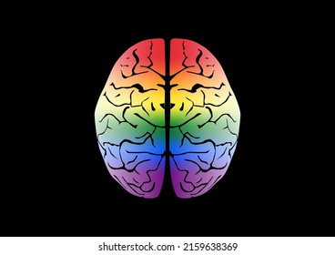 Human brain with rainbow colors on black background. Lesbian, gay, transgender, bisexual and peace symbol.