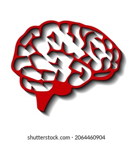 Human brain, red sign with black shadow for design on a white background, vector illustration