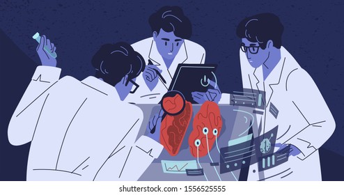 Human Brain Research Flat Vector Illustration. Group Of Scientists Studying Body. Doctors In White Coats. Medicine And Science Concept. Laboratory Experiment. Nanotechnology, Test, Analysis.