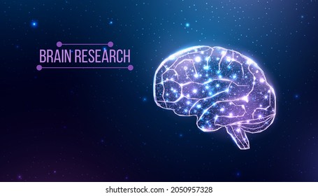 Human brain research. Wireframe low poly style. Concept for medical, brain cancer, neural network.  Abstract modern 3d vector illustration on dark blue background. 