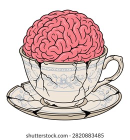Human brain resting in a broken teacup with a matching saucer, an unsettling image for horror, science, or morbid themes.