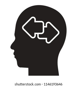 A human brain with the reversible arrows in it describing the decision making process 