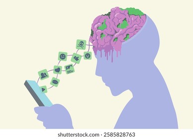 Human with brain rot in head seeing low quality content from smartphone screen. Concept illustration about deterioration of a person's mental, loss concentration, OCD, or intellectual state result of 