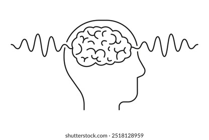 Exame de imagem do cérebro humano com onda linear. Cabeça de perfil. Onda de pulso na neurologia do estudo. A cintilografia cerebral captura percepções neurológicas com onda de impulso, refletindo o estado da mente e da saúde. Ilustração vetorial