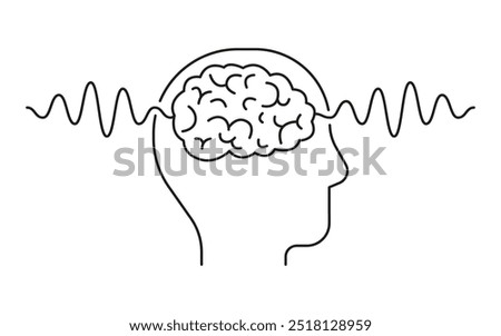 Human brain scan with line wave. Profile head. Pulse wave in study neurology. Brain scan captures neurology insights with wave of impulse, reflecting mind and health status. Vector illustration