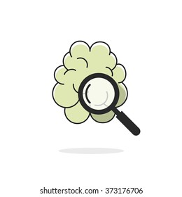 Human brain scan vector icon, flat brain symbol with magnifier glass, brain scanning, investigation, oncology learning, medical research, analysis linear outline logo design illustration isolated