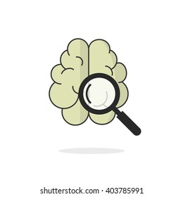 Human brain scan vector icon, flat brain symbol with magnifier glass, brain scanning, investigation, oncology learning, medical research, analysis linear outline logo design illustration isolated