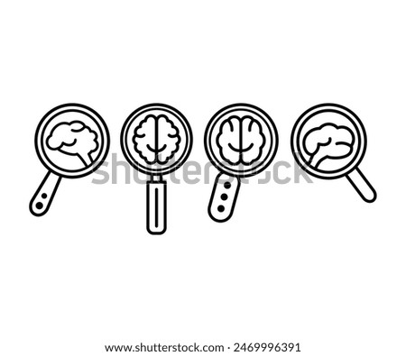 human brain scanning with magnifying glass icons vector design symbol sign black white flat illustration collections sets isolated