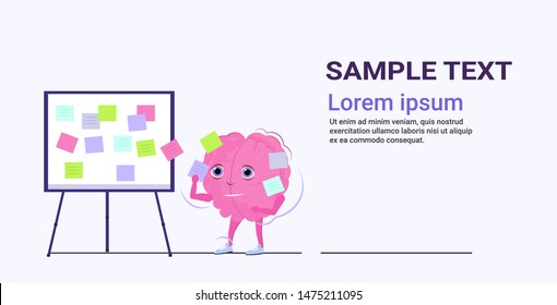 human brain scheduling work agenda on task board with sticky notes business planning concept pink cartoon character kawaii style horizontal copy space