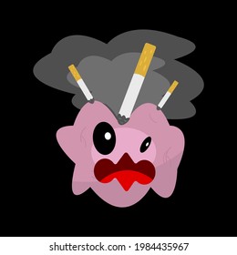 human brain screaming with fright burn cigarettes releasing poisonous smoke object on black background