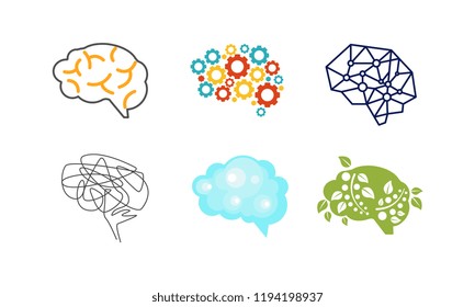 Human brain set, thinking or mind bright sign, creative idea symbols vector Illustration on a white background