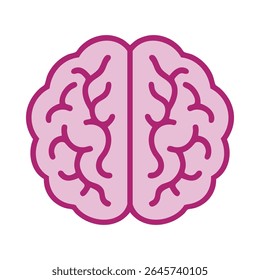Human brain shape pink outline icon. Symmetrical top view design with stylised cerebral folds, ideal for educational, medical, psychology and neuroscience themes.