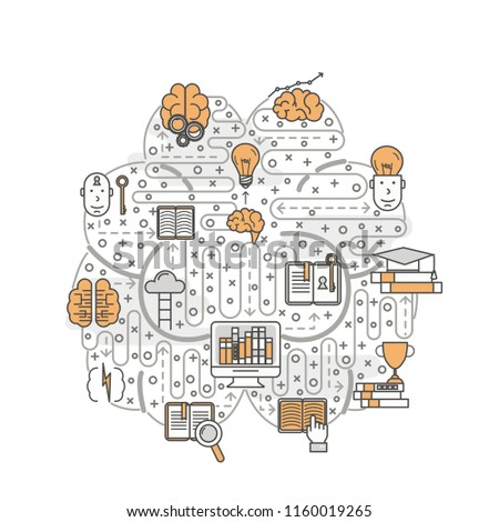 Human brain shape poster banner template with brain training, brainstorming, innovation, creative thinking vector thin line art flat style design elements, icons for website banner, printed materials.