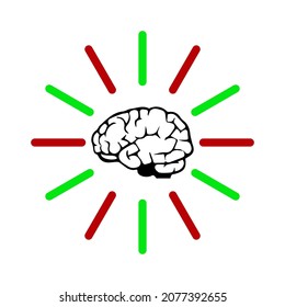 Human brain shines with red and green lines on a white background, sign for design, vector illustration