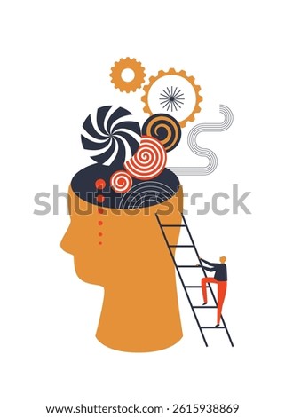 The human brain is shown as an abstract mechanism. A man climbs a ladder to see a human head and learn the secret of the human brain. Vector illustration on the human brain, mind, memory