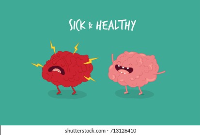 human brain, sick and healthy brain. Vector illustrations. Use for card, poster, banner, web design and print on t-shirt. Easy to edit. 