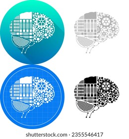 Human Brain Side Central Nervous System Cybernetic Robotic Biomedical Engineering Circuit Board Icon Design, Set of Flat Long Shadow, Black-White Silhouette, Gear Dot Isolated on White Background