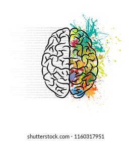 Human brain silhouette with color ink splashes and gray text