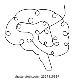 Human brain single line art, continuous one line drawing of Isolated outline vector icon 