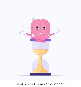 human brain sitting lotus pose at sand watch time management deadline concept pink cartoon character kawaii style sketch