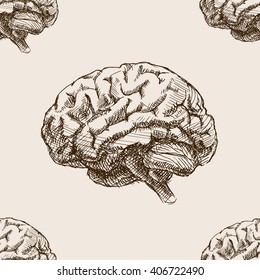 Human brain sketch style seamless pattern vector illustration. Old hand drawn engraving imitation. Brain illustration
