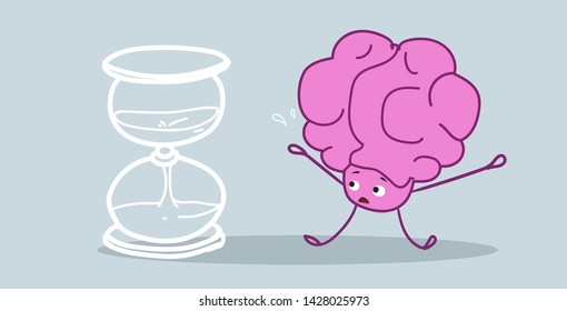 human brain standing at sand watch time management deadline concept pink cartoon character kawaii style horizontal sketch hand drawn