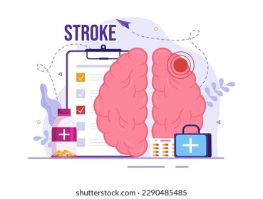 Ilustración de vectores de golpes de cerebro humano con un punto médico, de hemorragia y de dolor científico en las plantillas de las páginas de aterrizaje dibujadas a mano de dibujos planos