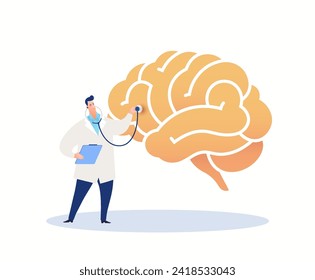 Human brain study flat vector illustration. Neurologist diagnose human brain with stethoscope.