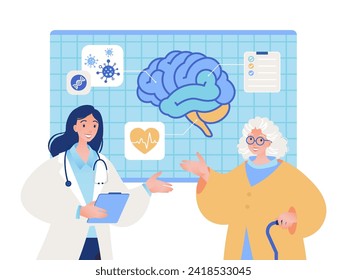 Human brain study flat vector illustration. Neurologist diagnose brain functions and health status of female elderly patient.